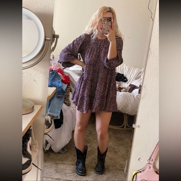 Zara black w/ pink florals flowy long sleeve puff sleeve mini dress bubble style - Picture 2 of 8